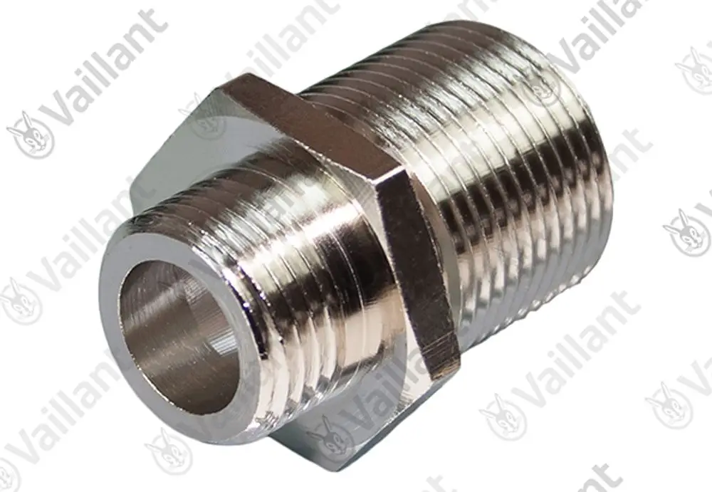 Vernickeltes Anschlussstück von Vaillant, mit Außengewinde und hexagonalem Design. Geeignet für die Verbindung in Heizungsanlagen.
